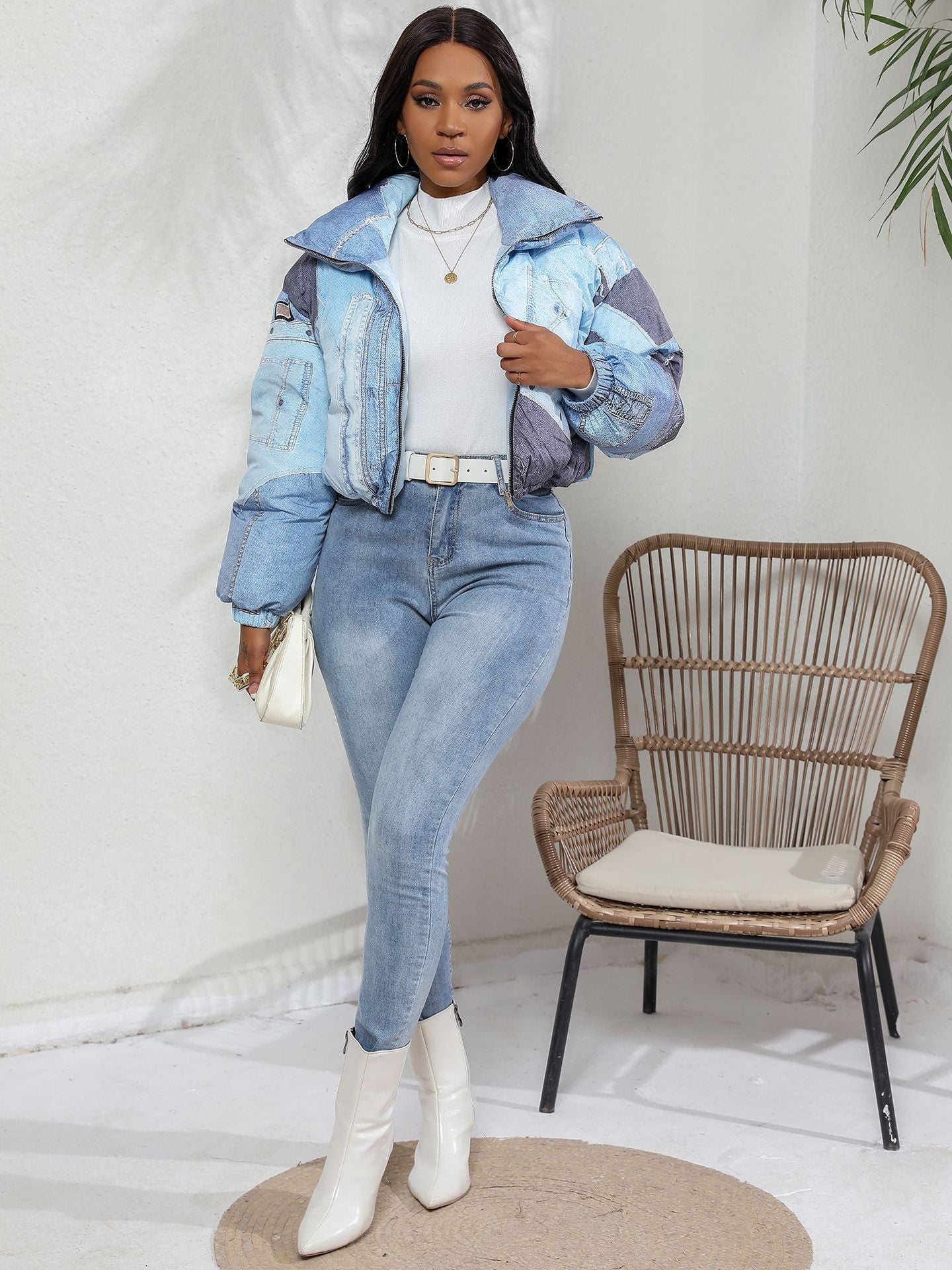 Denim-On-Denim 3D Mock Jean Colorblock Print Cotton Hip-Hop Streetwear Women's  Zipper Puffer Jacket