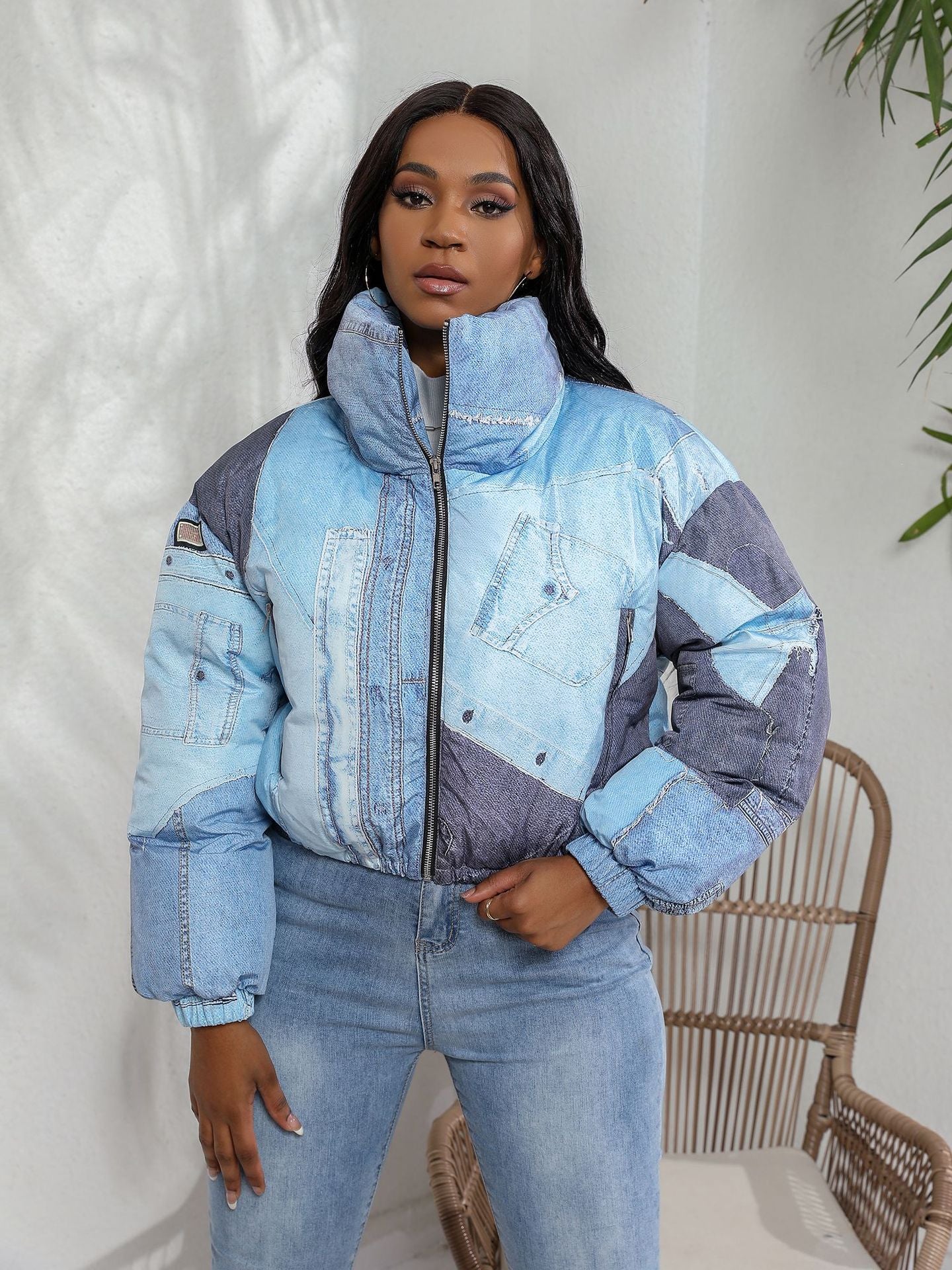 Denim-On-Denim 3D Mock Jean Colorblock Print Cotton Hip-Hop Streetwear Women's  Zipper Puffer Jacket