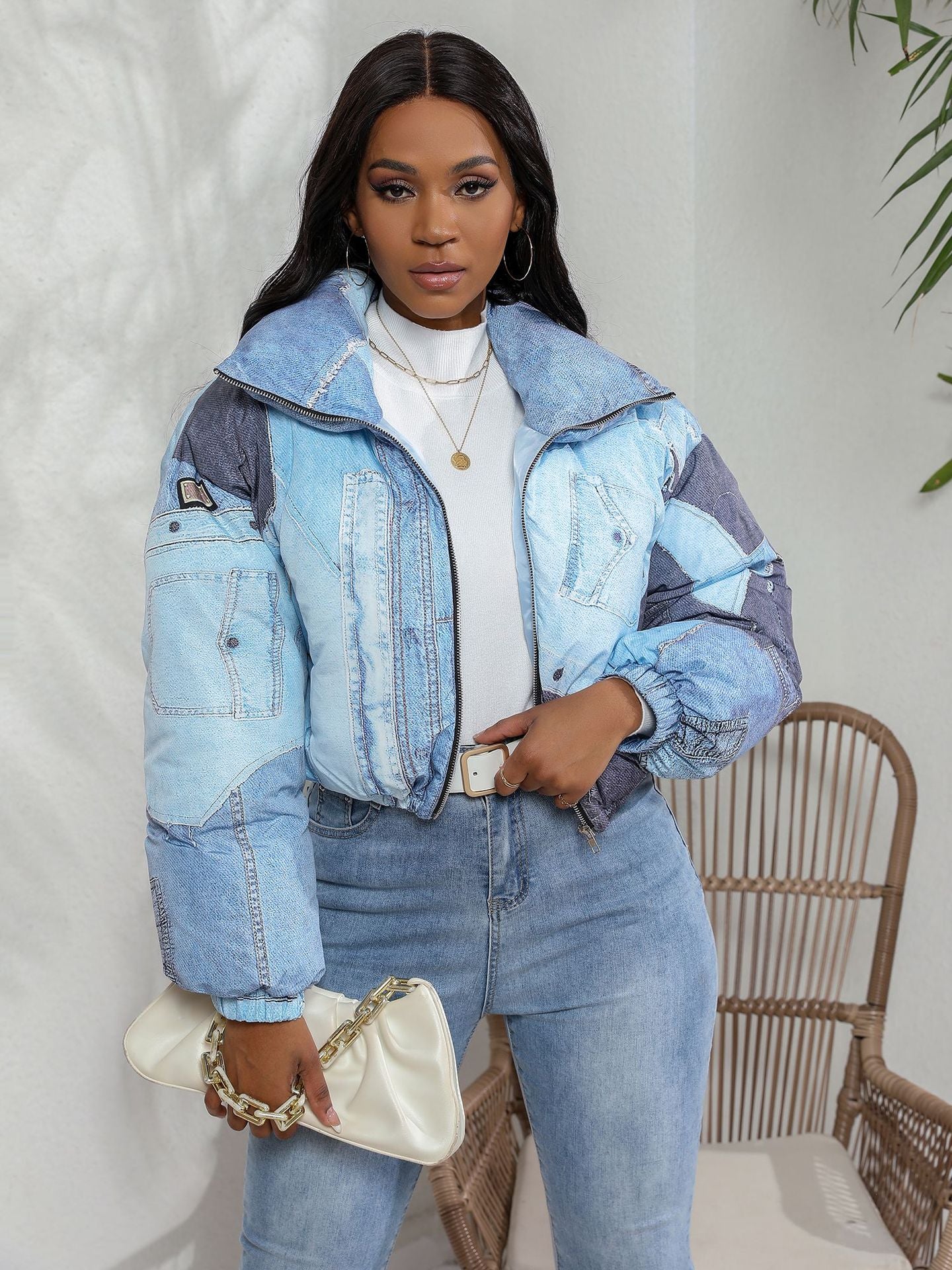 Denim-On-Denim 3D Mock Jean Colorblock Print Cotton Hip-Hop Streetwear Women's  Zipper Puffer Jacket