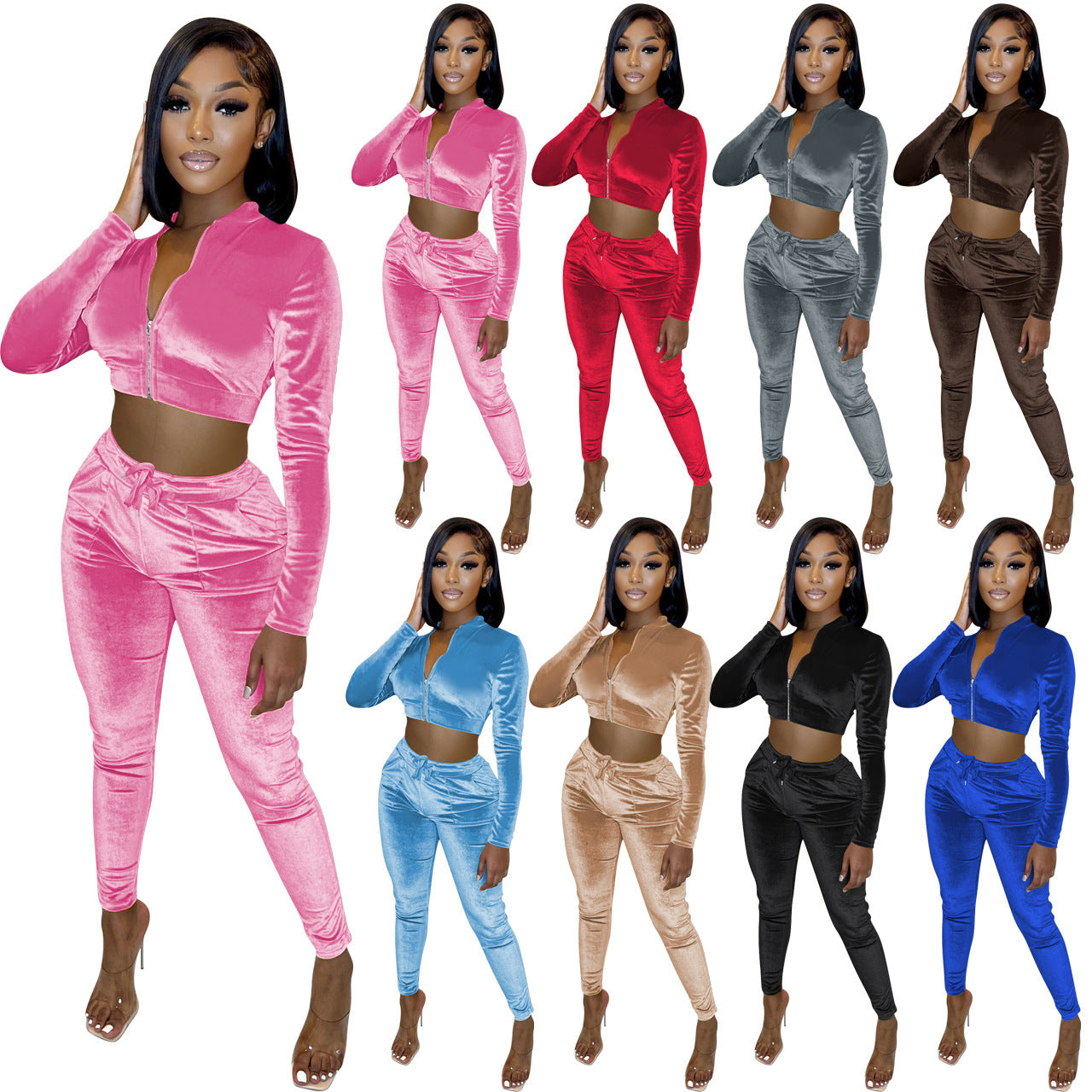 Velvet Solid Color Cropped Zipper Jacket + Drawstring Sweatpants Women's Tracksuit