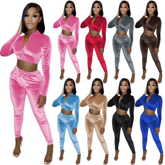 Velvet Solid Color Cropped Zipper Jacket + Drawstring Sweatpants Women's Tracksuit