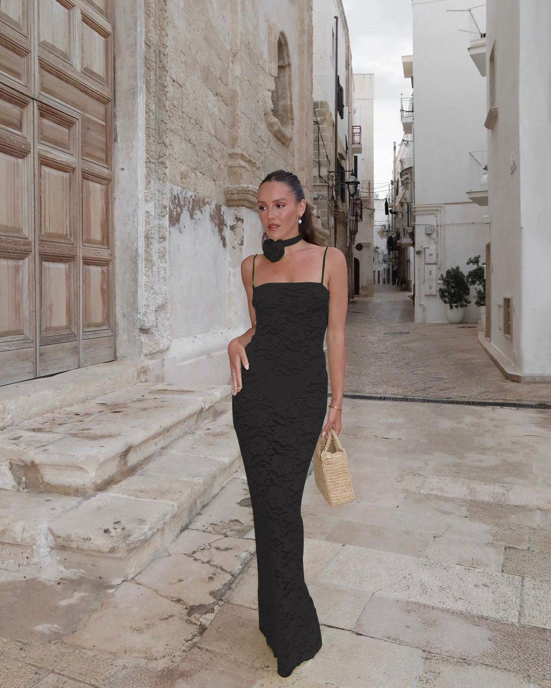 Lace Flower Collar Design Transparent Mesh Sleeveless Spaghetti Strap Formal Maxi Dress