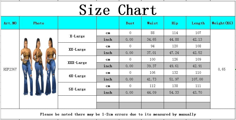 Denim Cut-Out Hole Ripped Fringe Pattern Slim Stretch Wide Leg Women's Bell-Bottom Jeans to 5X Plus Size