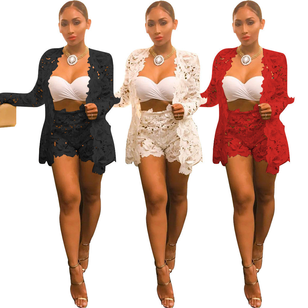 Lace Floral Long Sleeve Open O-Neck Blazer + Matching Mini Shorts Women's 2-Piece Suit