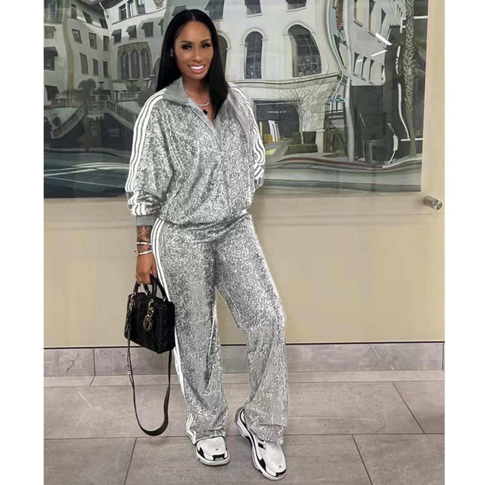 Side Striped Sparkling Glitter Women's Sports Zipper Jacket + Sweatpants Tracksuit to 3X Plus Size
