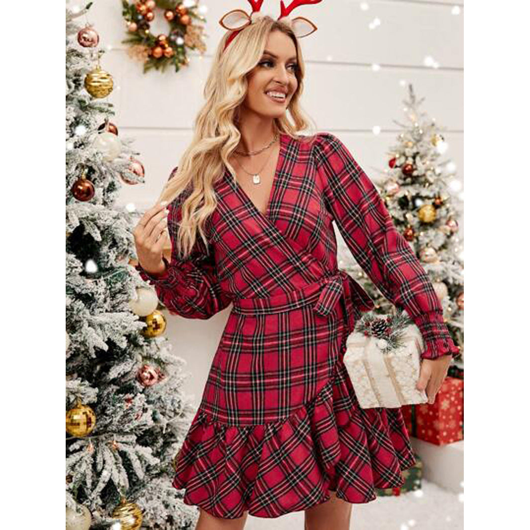 Plaid Red/Green Christmas Color Print V-Neck Puff Sleeve Ruffled Drawstring Dress