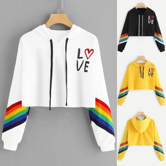 Rainbow Striped "LOVE" Heart Print Women's Cropped Long Sleeve Hoodie Sweatshirt