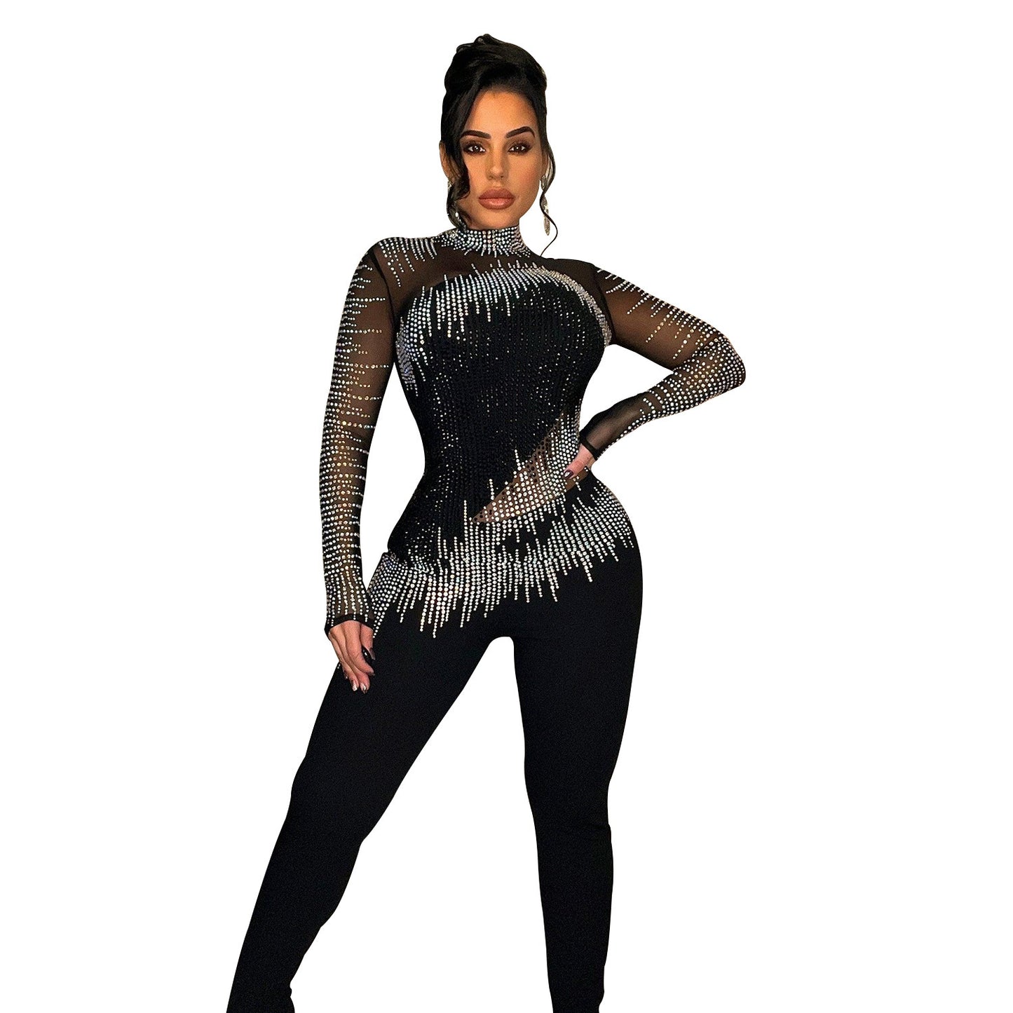 Black/Silver Metallic Mesh Sheer Rhinestone Long Sleeve Diagnol Hem Women's Formal Party Jumpsuit
