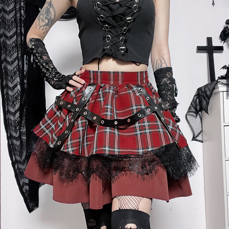 Plaid Lace Punk Goth A- Line Pleated Mini Skirt to 4X Plus Size