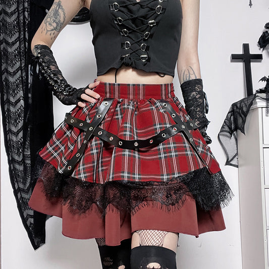 Plaid Lace Punk Goth A- Line Pleated Mini Skirt to 4X Plus Size