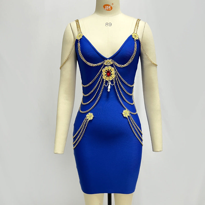 Tassel Fringe Gold Chain Design V-Neck Spaghetti Strap Bandage Sleeveless Formal Mini Club Dress