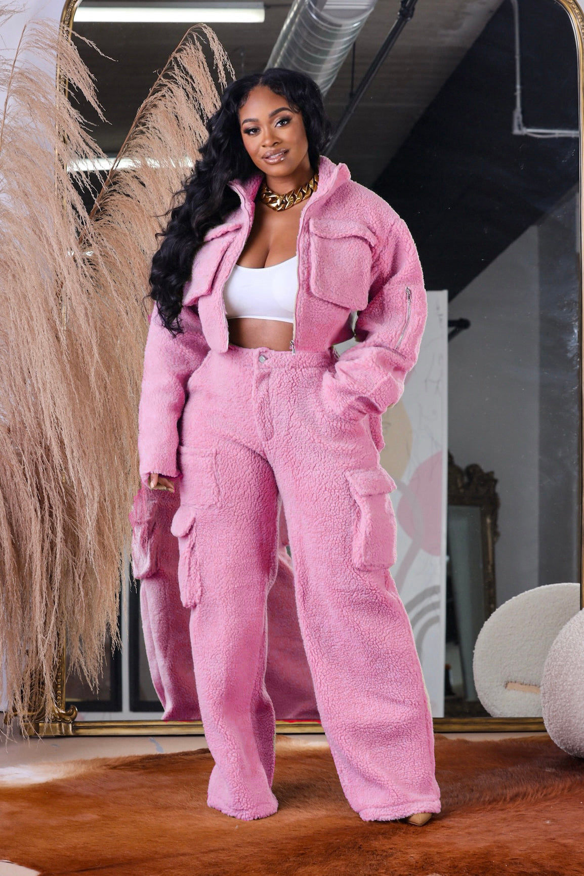 Fleece Women's Pocketed Zipper Jacket + Cargo Sweatpants Tracksuit