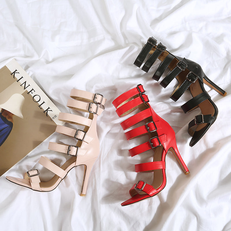 Open Toe Cross Strap Belt Buckle Design Women's Stiletto Heel Roman Sandle Ankle Boots