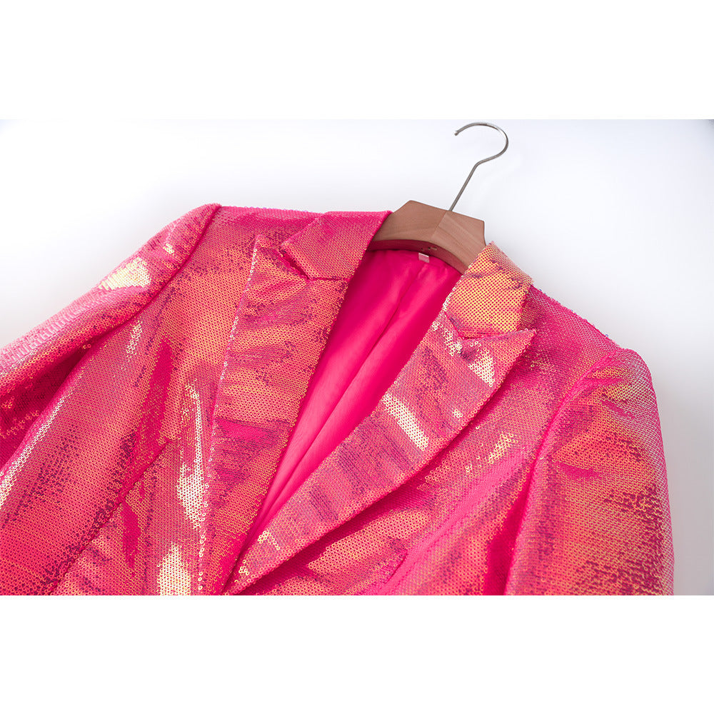 Shiny Metallic Formal Women's Single Breasted Blazer Jacket + Mini Shorts Two-Piece Suit