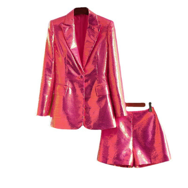 Shiny Metallic Formal Women's Single Breasted Blazer Jacket + Mini Shorts Two-Piece Suit