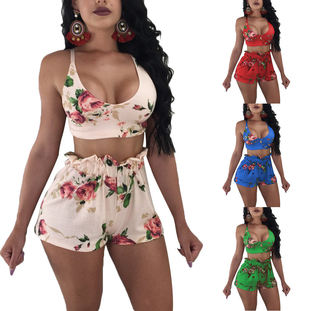 Flower Print V-Neck Crop Tank Top + Lace-Up Women's 2-Piece Set