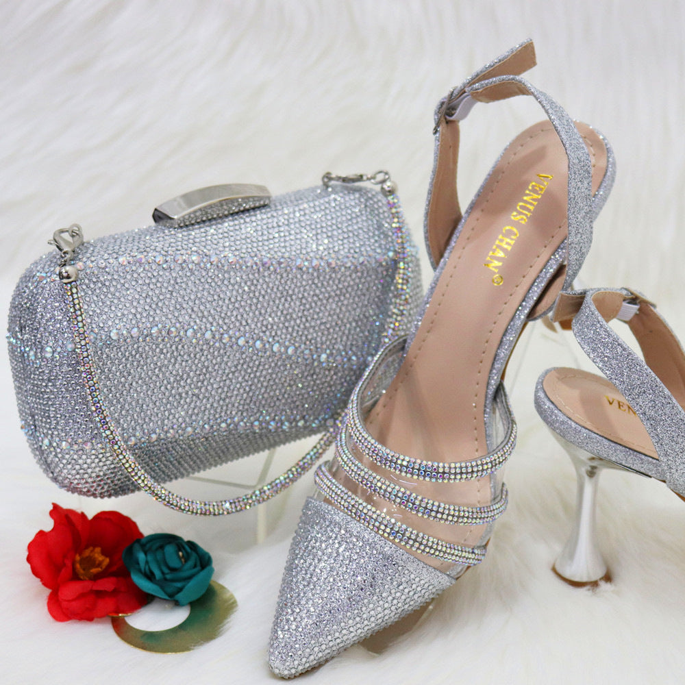 Sparkling Glitter Sequin Women's Slingback Pumps + Square Purse Set