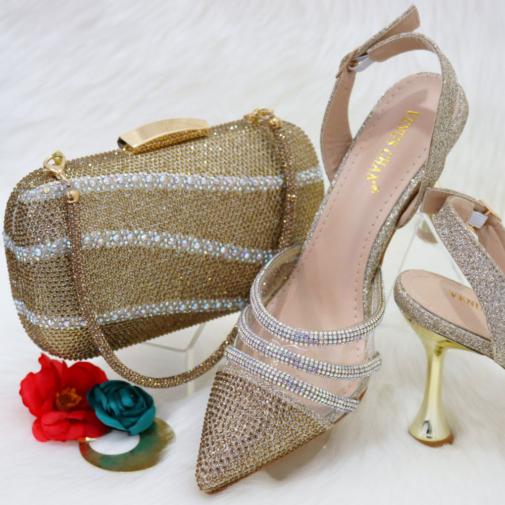 Sparkling Glitter Sequin Women's Slingback Pumps + Square Purse Set