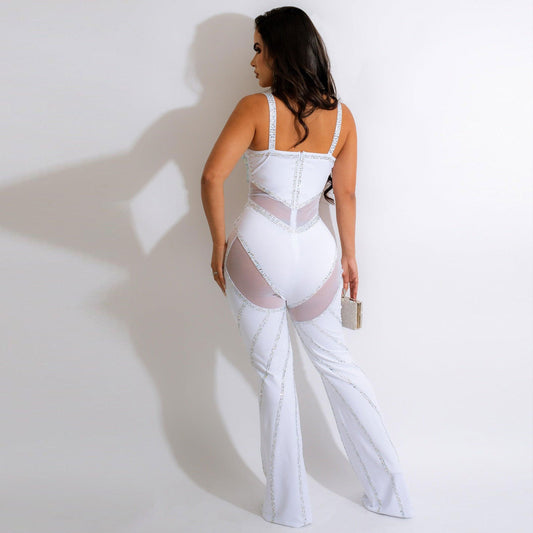Rhinestone Striped Transparent Sheer Sleeveless Women's Deep V-Neck Party Jumpsuit