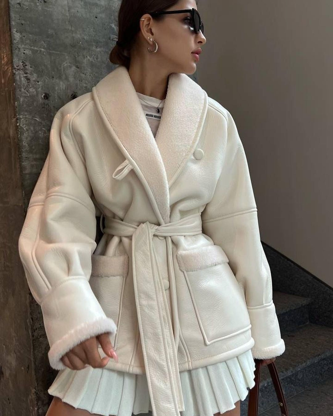 PU Leather Fleece Faux Fur Lined Sash Belted Women's Long Sleeve Spliced Coat