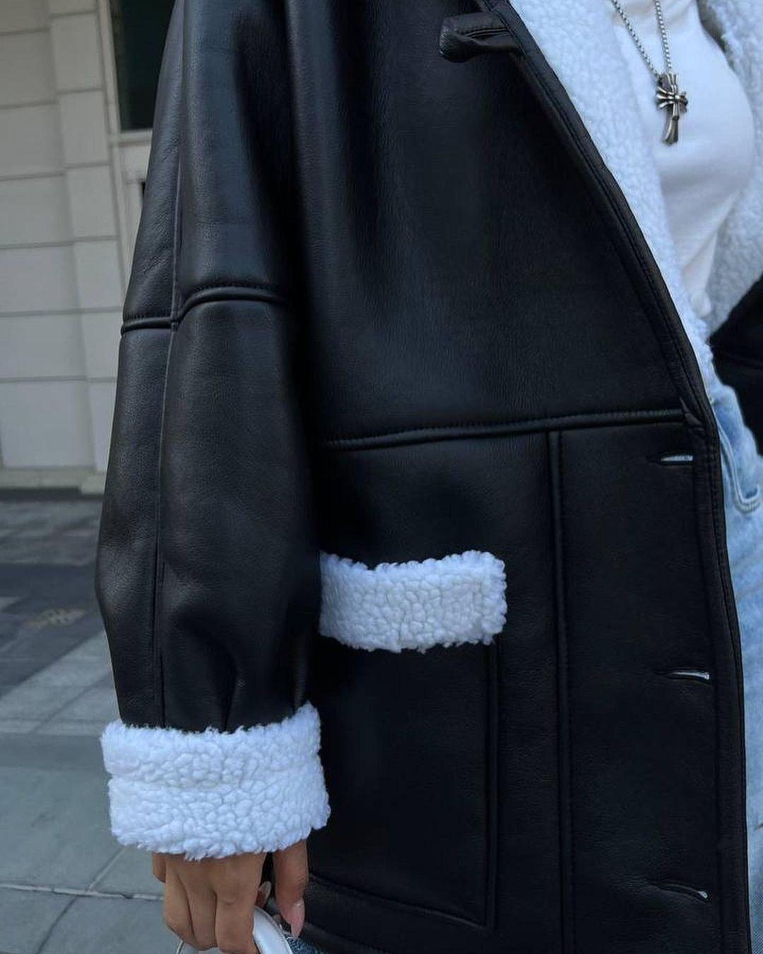 PU Leather Fleece Faux Fur Lined Sash Belted Women's Long Sleeve Spliced Coat