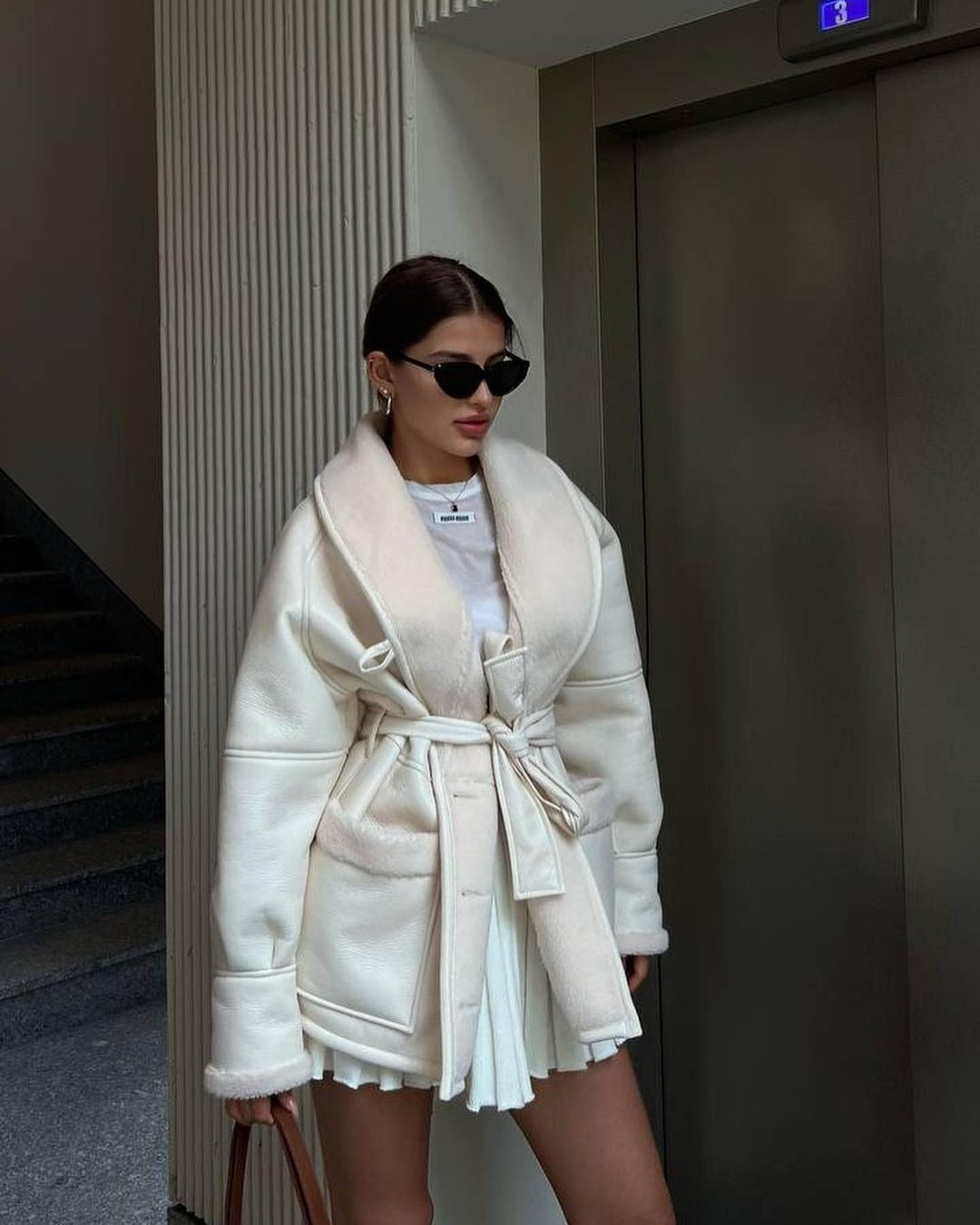 PU Leather Fleece Faux Fur Lined Sash Belted Women's Long Sleeve Spliced Coat
