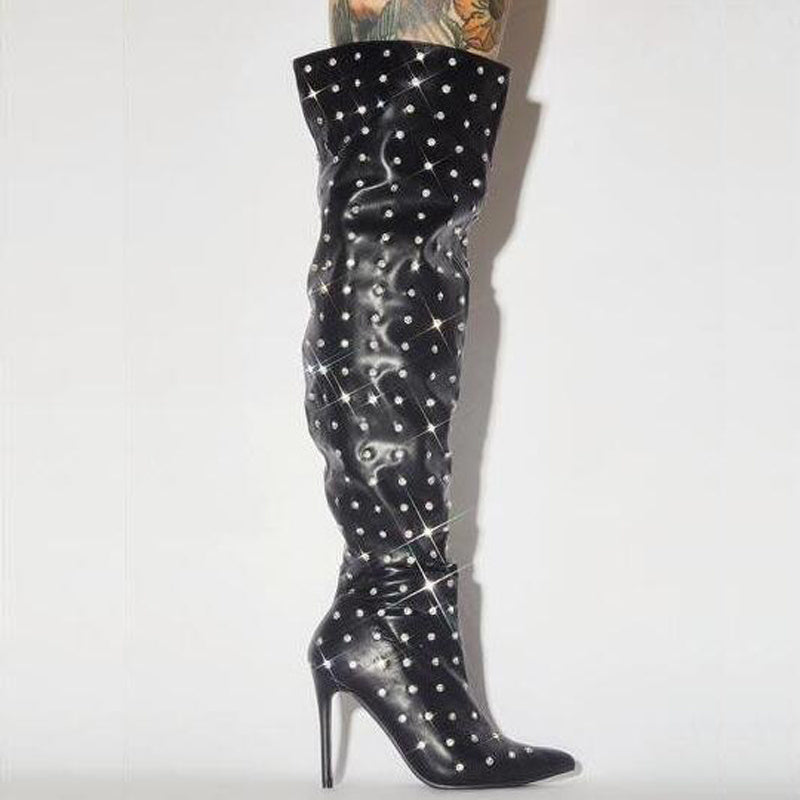 Black Metallic Stud Design Runway Women's Over-the-Knee Boots