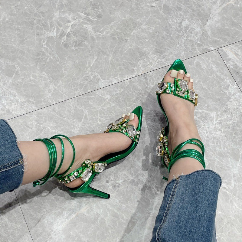 Satin Rhinestone Open Toe Spiral Strap Stiletto Heel Sandal Pumps