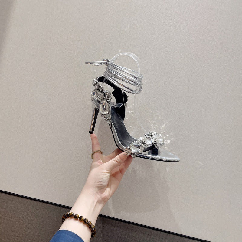 Satin Rhinestone Open Toe Spiral Strap Stiletto Heel Sandal Pumps