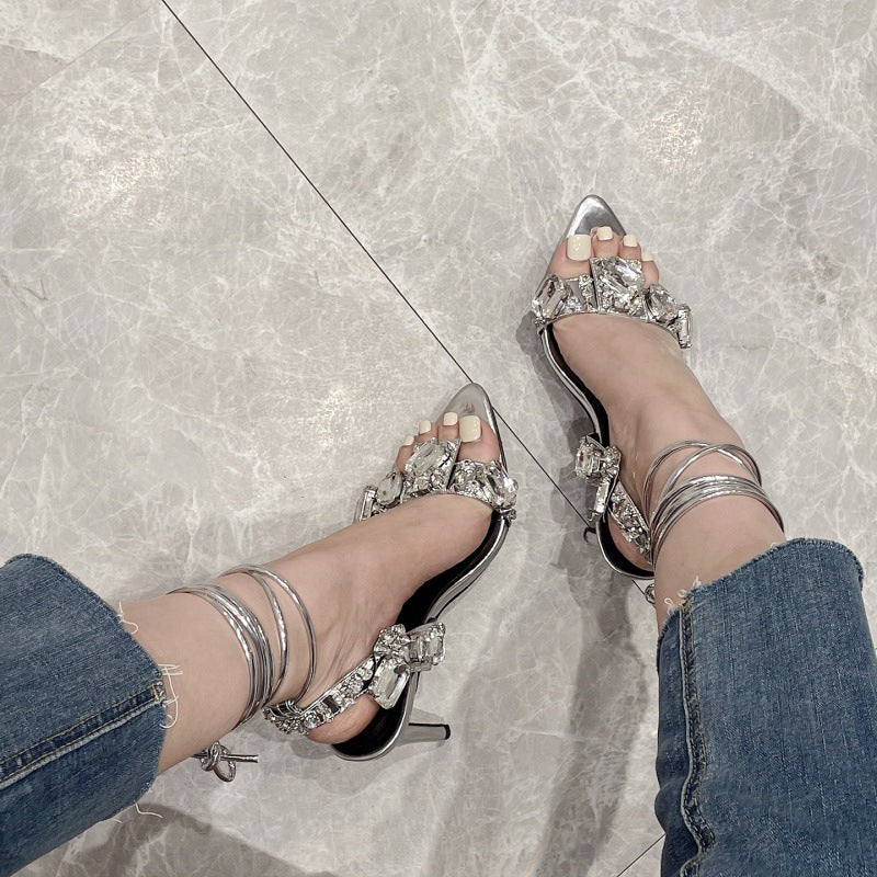 Satin Rhinestone Open Toe Spiral Strap Stiletto Heel Sandal Pumps