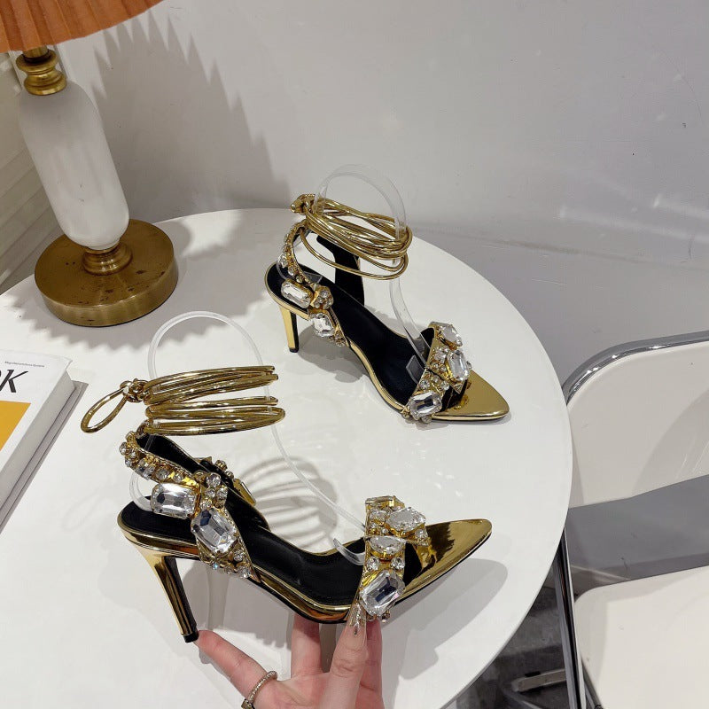 Satin Rhinestone Open Toe Spiral Strap Stiletto Heel Sandal Pumps