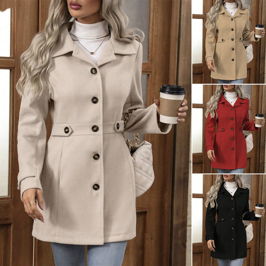Single Breasted Wool Button-Up Women's Solid Color Turn-Down Collar Midi Coat