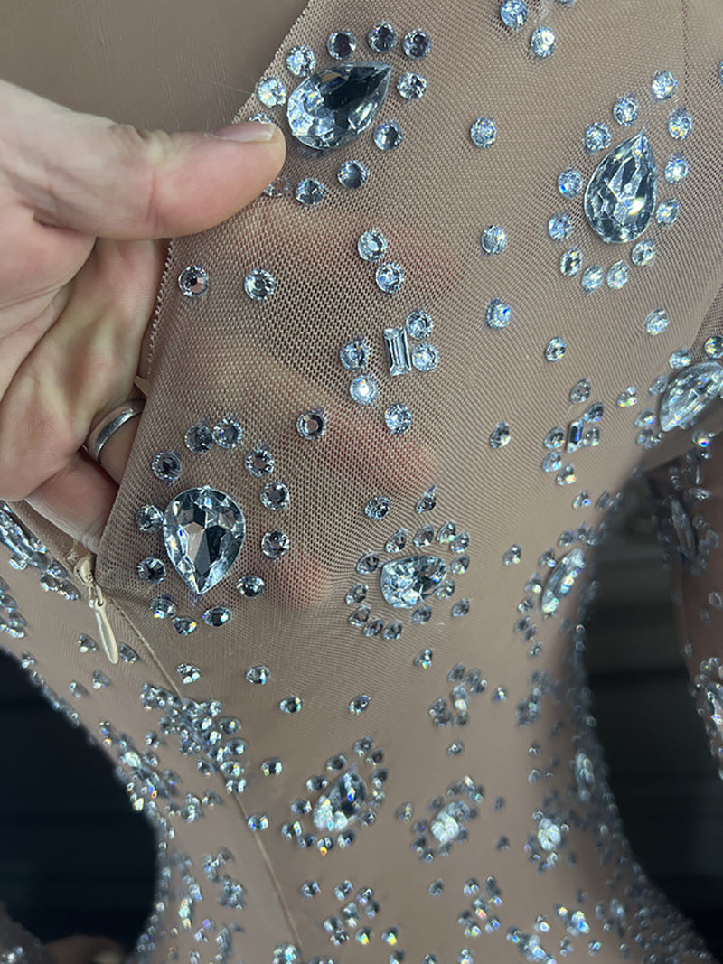 Sheer Transparent Cut-Out Rhinestone Long Sleeve Women's Jumpsuit