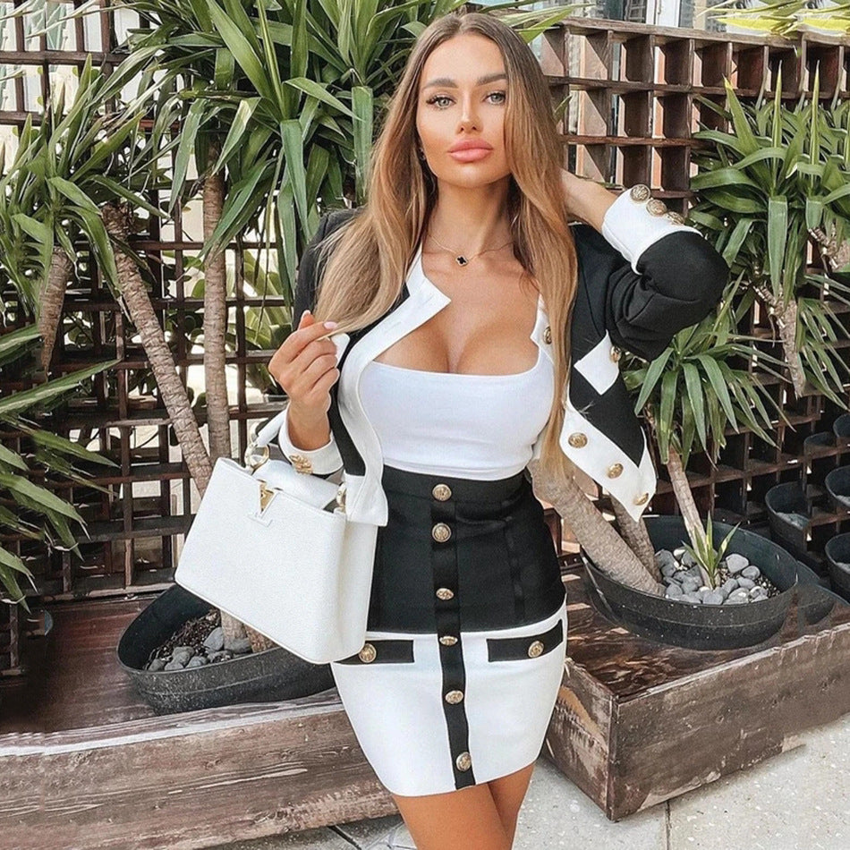 Gold Button Detail Double Pocket Design 2-Tone Colorblock Short Knitted Cardigan Sweater + Mini Skirt Women's 2-Piece Knitted Suit