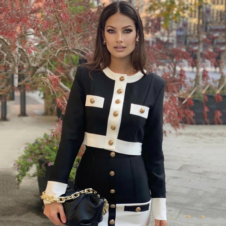 Gold Button Detail Double Pocket Design 2-Tone Colorblock Short Knitted Cardigan Sweater + Mini Skirt Women's 2-Piece Knitted Suit