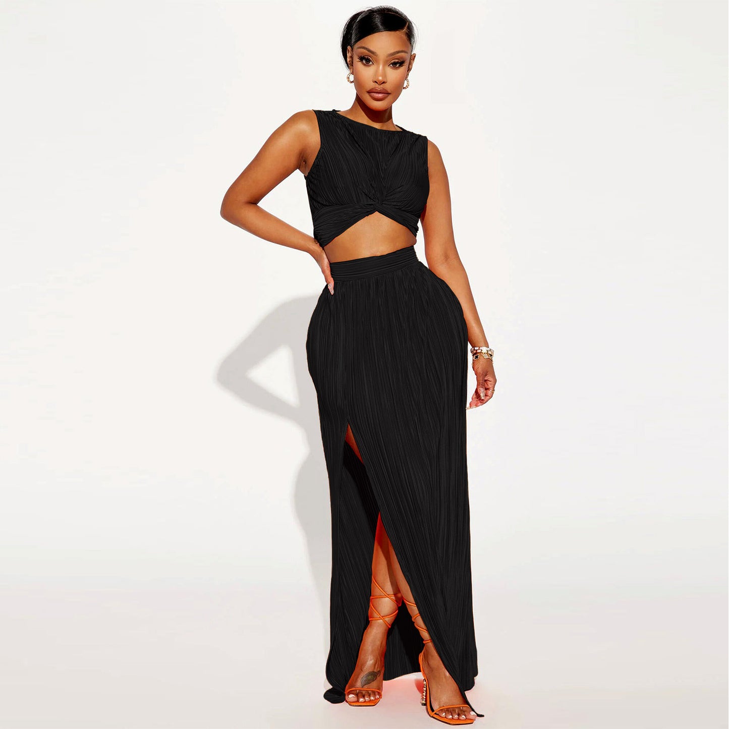 Sleeveless Ribbed Ruched Criss-Cross Hem Crop Top + High Slit Maxi Skirt Women's Solid Color 2-Piece Set
