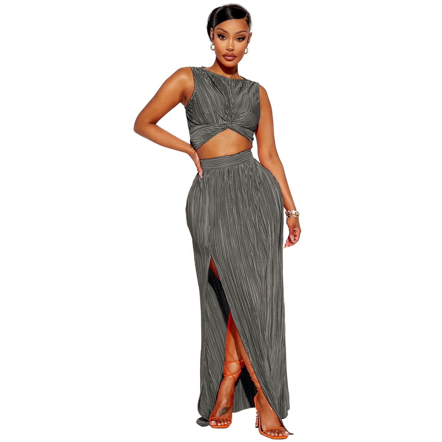 Sleeveless Ribbed Ruched Criss-Cross Hem Crop Top + High Slit Maxi Skirt Women's Solid Color 2-Piece Set