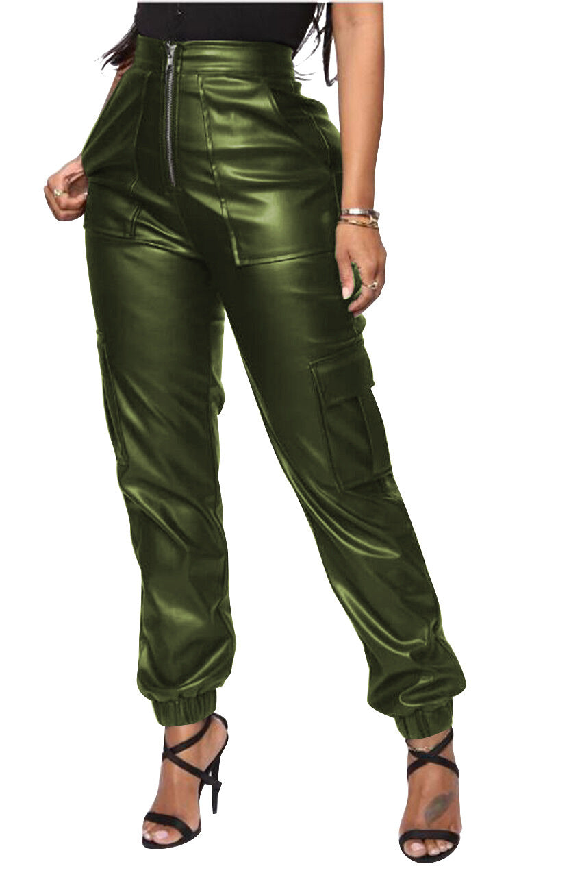 Faux Leather Solid Color Women's Multi-Pocketed Cargo Pants