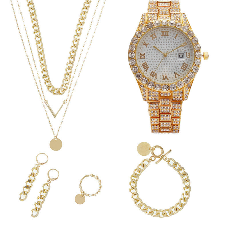 Iced Out Rhinestone Quartz Watch, V-Shaped Multi-Layered Chain Necklace, Earrings, Chain Ring & Bracelet Women's 5-Piece Jewelry Set