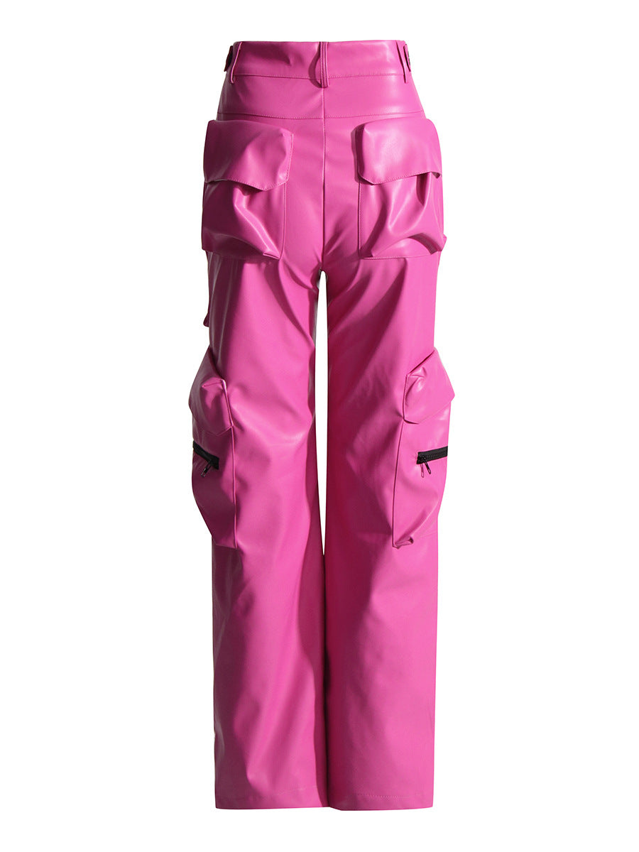 Hot Pink PU Leather Women's Multi-Pocketed Hip-Hop Streetwear Cargo Pants