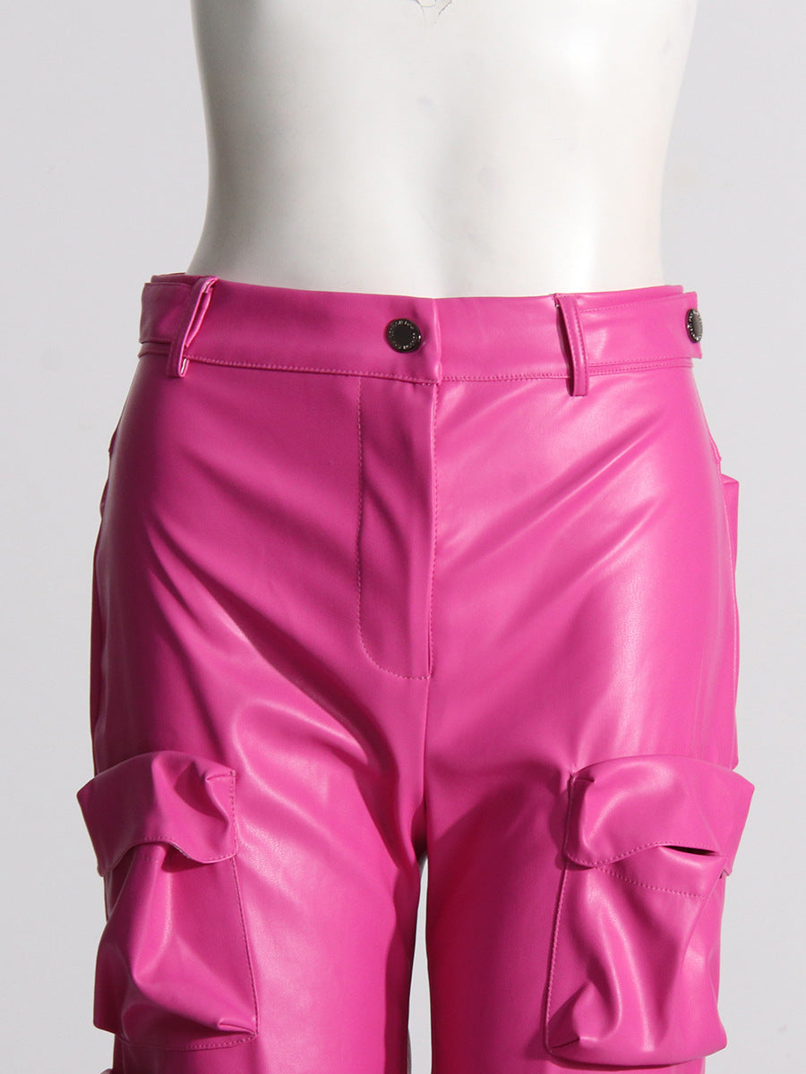 Hot Pink PU Leather Women's Multi-Pocketed Hip-Hop Streetwear Cargo Pants