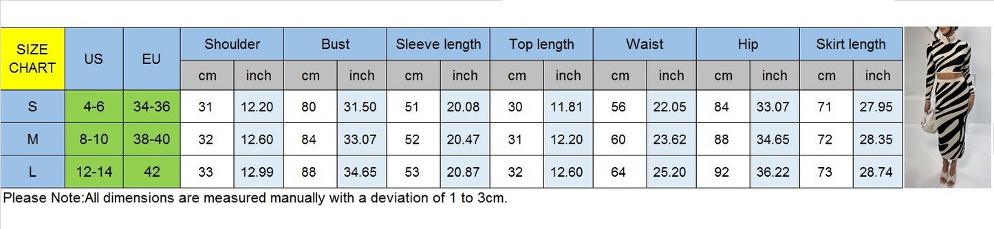 Zebra Striped Turtleneck Women's Long Sleeve Cropped Sweater + Maxi Skirt 2-Piece Knitted Set