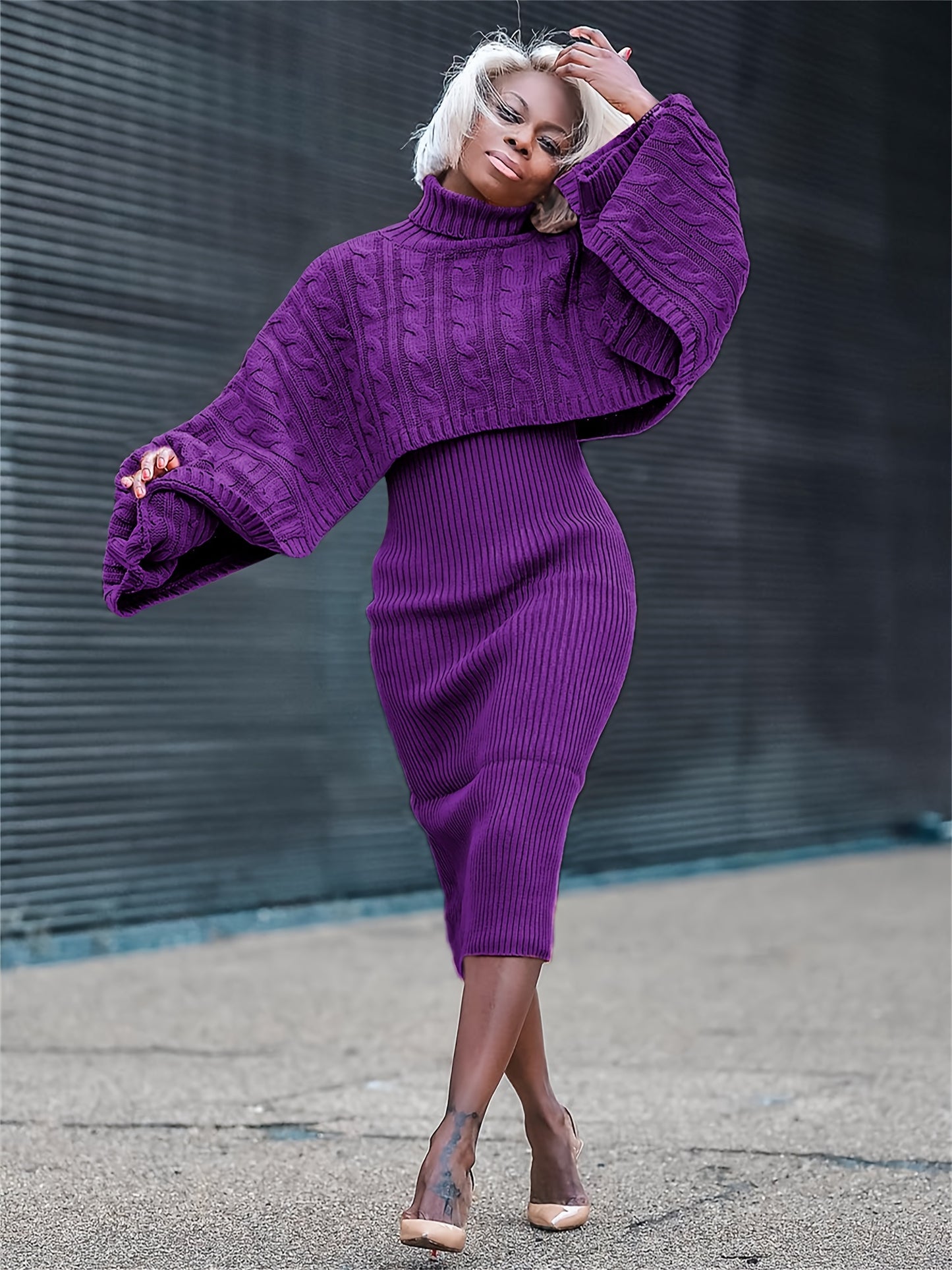 Turtleneck Knitted Weave Pattern Baggy Cape Sleeve Long Sleeve Sweater + Ribbed Tank Sweater Dress 2-Piece Set