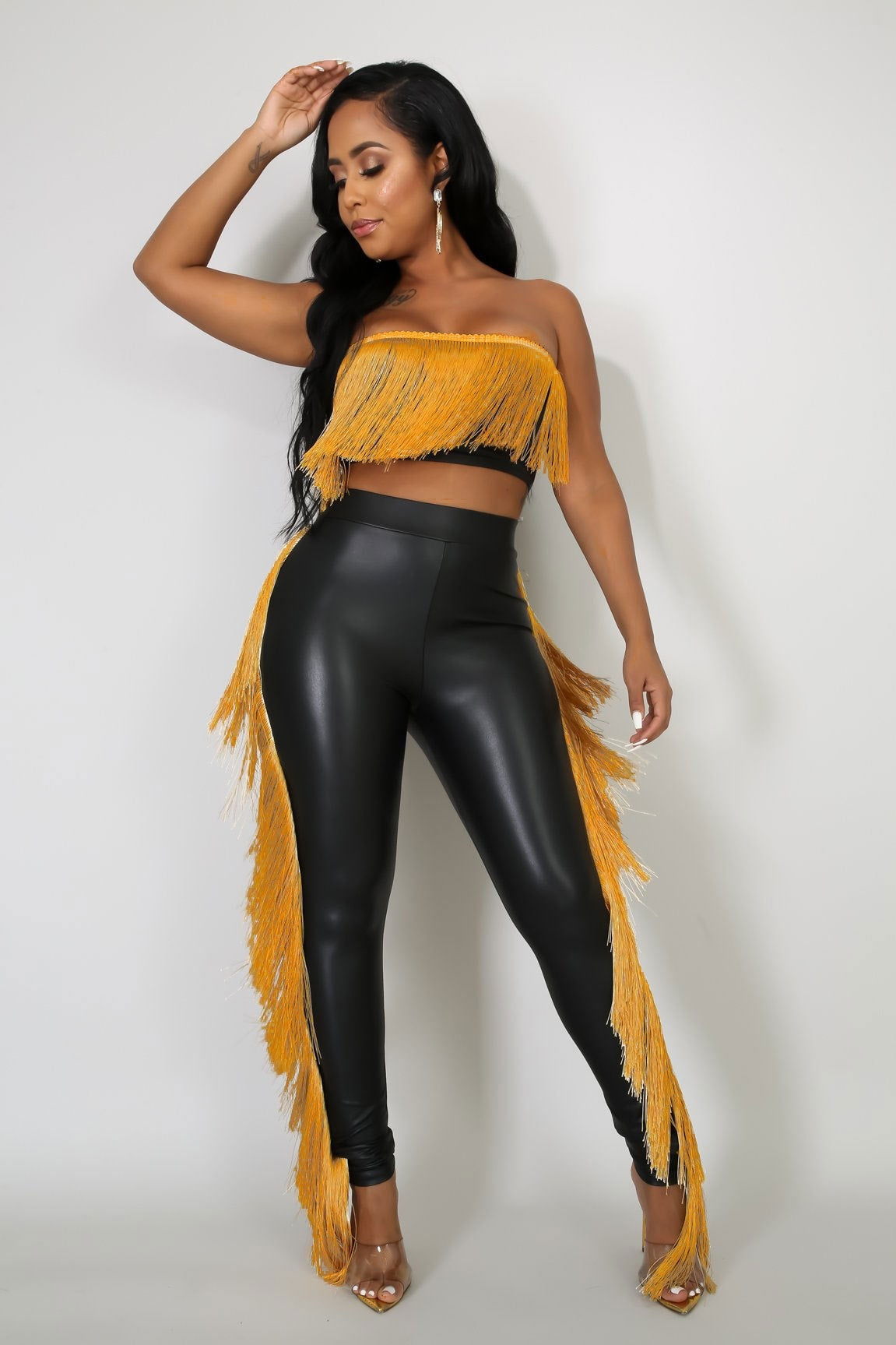 Sleeveless Faux Leather Tassel Fringe Design Women's Crop Tube Top + Skin Tight Pants 2-Piece Set