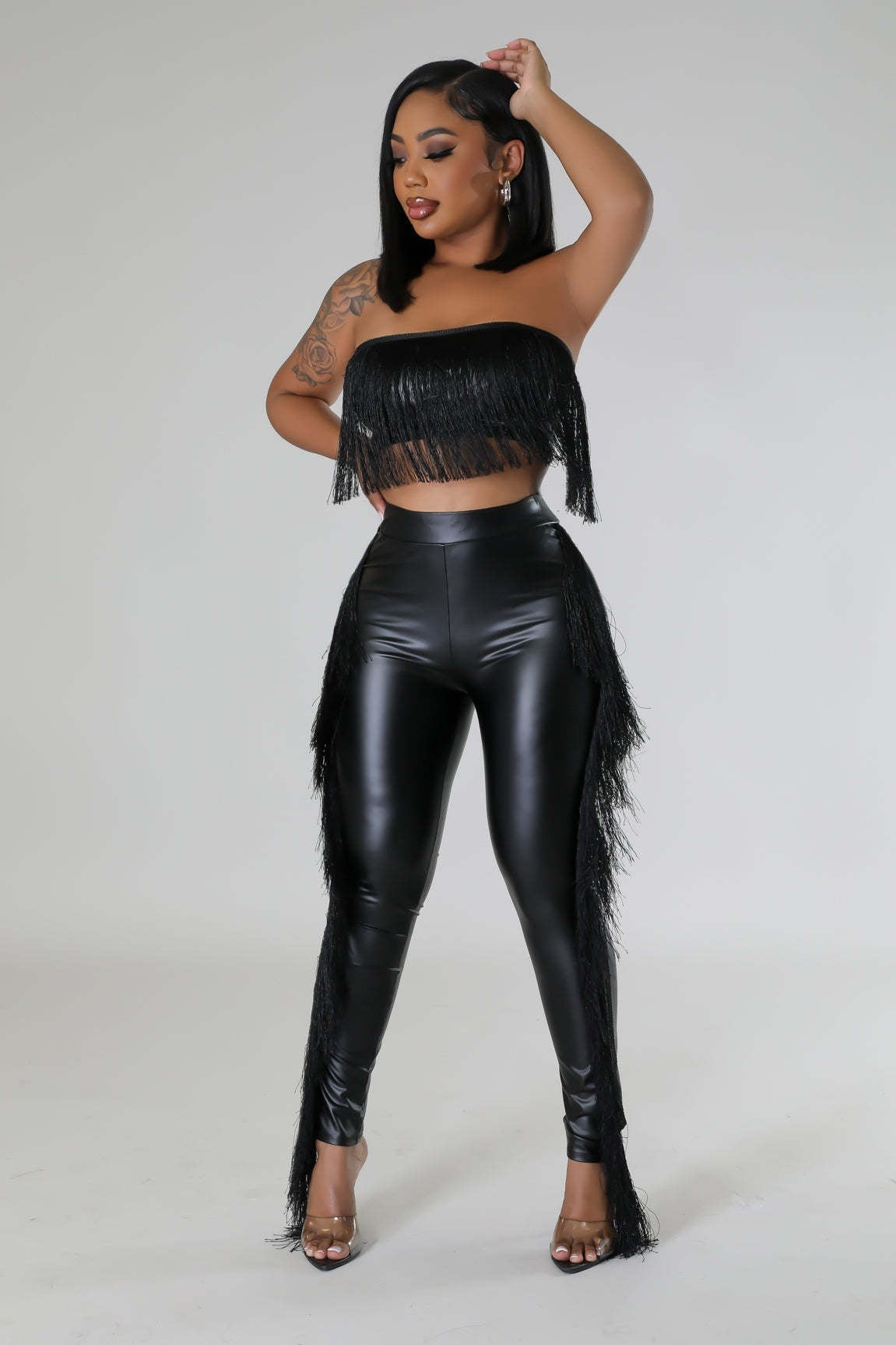 Sleeveless Faux Leather Tassel Fringe Design Women's Crop Tube Top + Skin Tight Pants 2-Piece Set