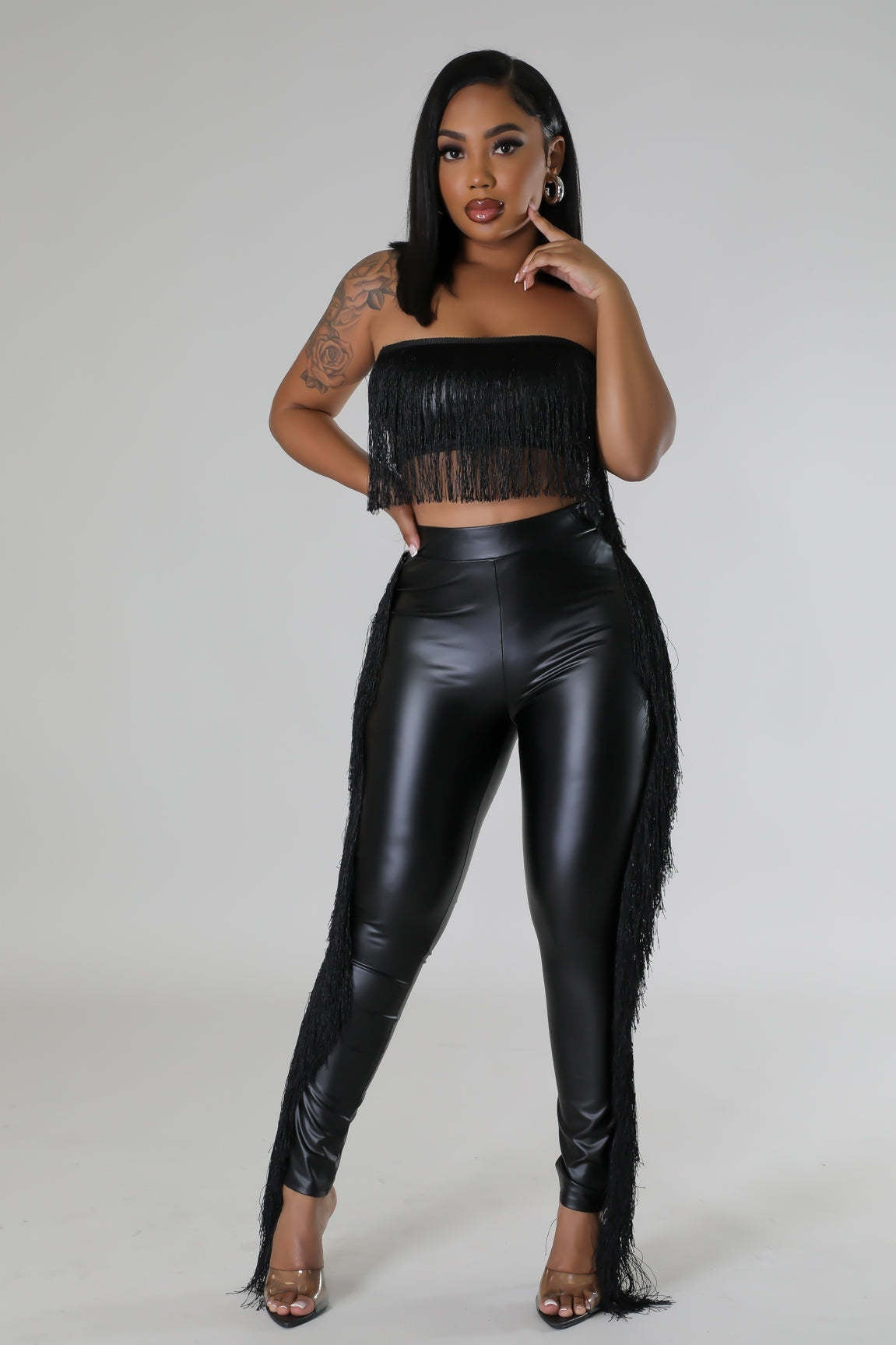 Sleeveless Faux Leather Tassel Fringe Design Women's Crop Tube Top + Skin Tight Pants 2-Piece Set