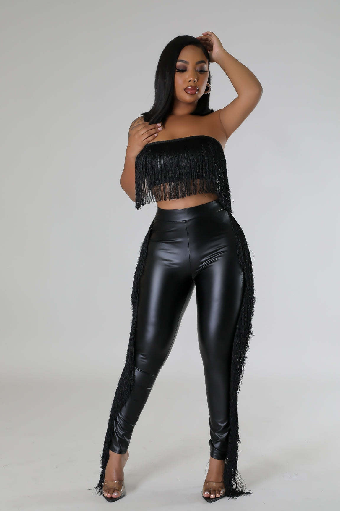 Sleeveless Faux Leather Tassel Fringe Design Women's Crop Tube Top + Skin Tight Pants 2-Piece Set