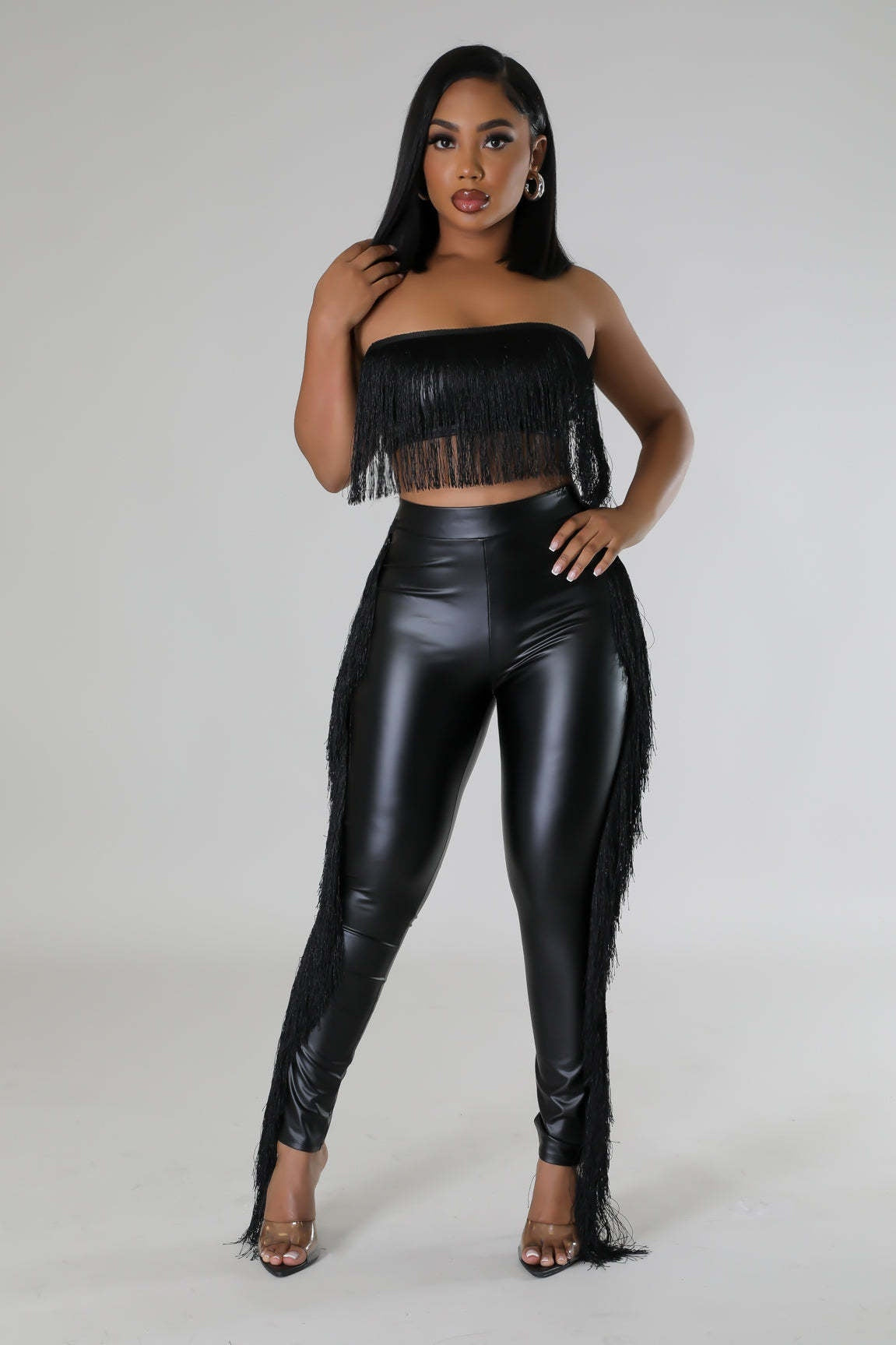 Sleeveless Faux Leather Tassel Fringe Design Women's Crop Tube Top + Skin Tight Pants 2-Piece Set