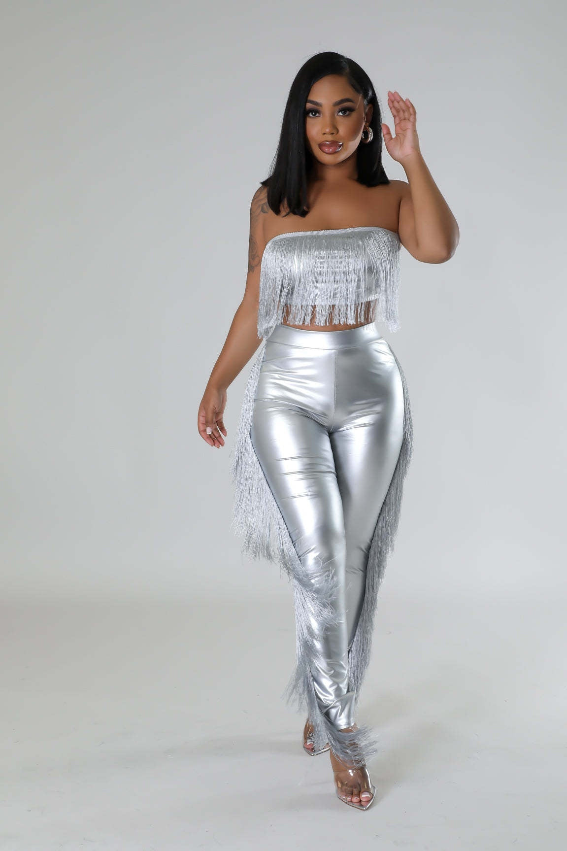 Sleeveless Faux Leather Tassel Fringe Design Women's Crop Tube Top + Skin Tight Pants 2-Piece Set
