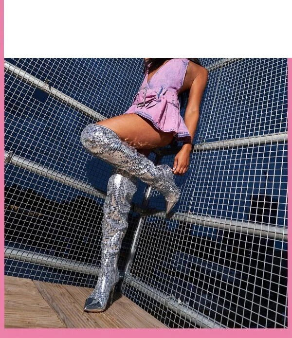 Sequin Metallic Side Zipper Over-the-Knee High Heel Women's Knee-High Boots